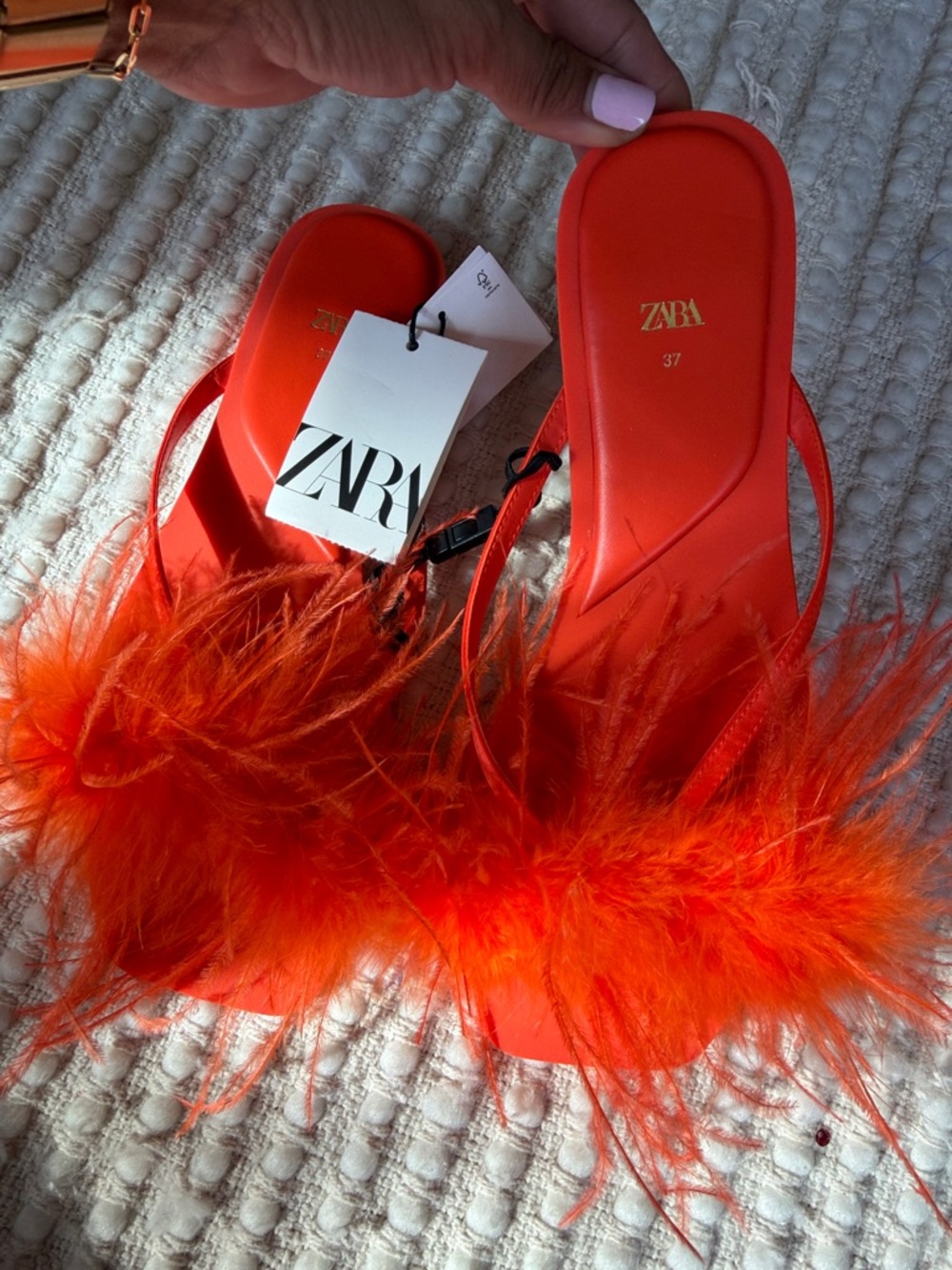 ZARA Bright Orange Feather Strap Slide Sandals